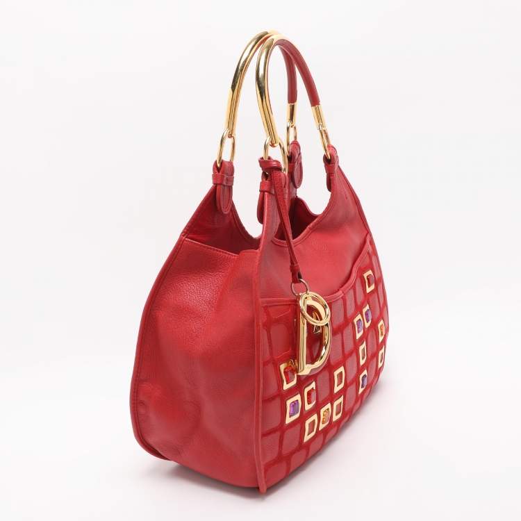 Pre Owned Dior 61 Crystal Embellished Red Leather and Suede Hobo