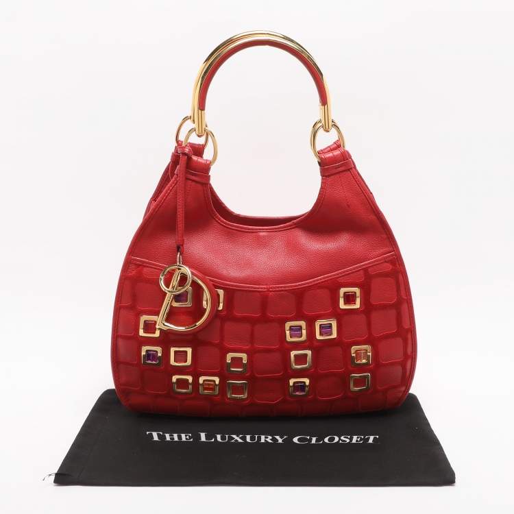 Pre Owned Dior 61 Crystal Embellished Red Leather and Suede Hobo