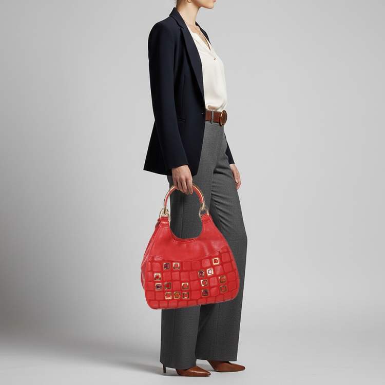 Pre Owned Dior 61 Crystal Embellished Red Leather and Suede Hobo