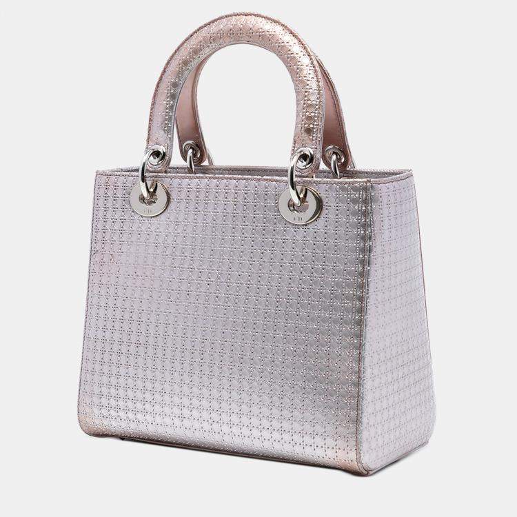 Pre Owned Dior Pink Medium Metallic Patent Microcannage Lady Dior