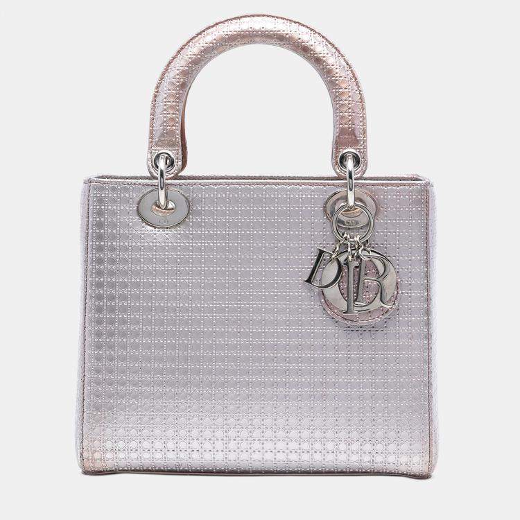 Pre Owned Dior Pink Medium Metallic Patent Microcannage Lady Dior