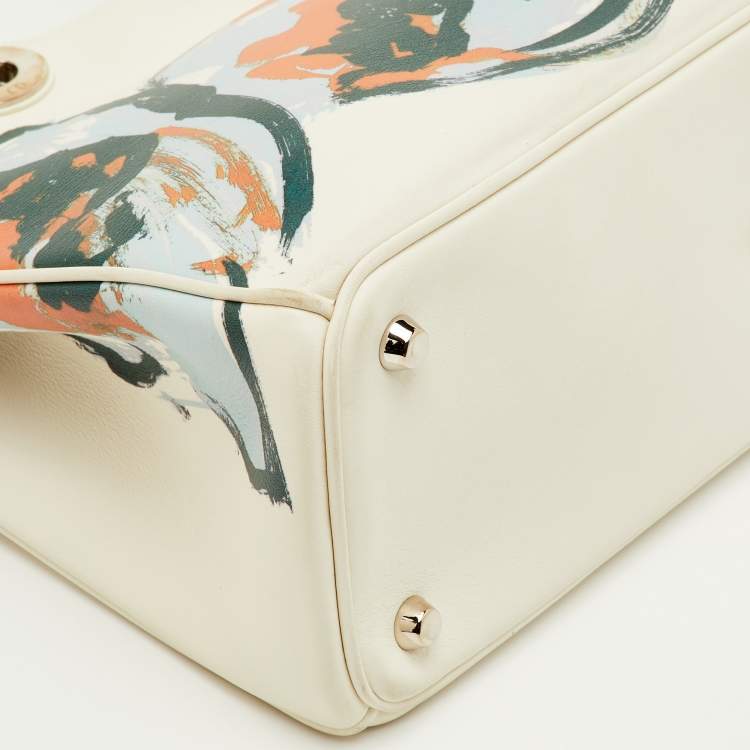 Pre Owned Dior Diorissimo Medium White Leather Flower Print Shopper Tote