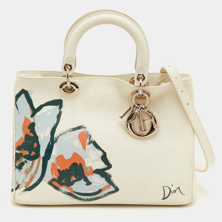 Pre Owned Dior Diorissimo Medium White Leather Flower Print Shopper Tote