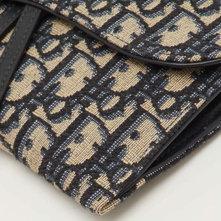 Pre Owned Dior Saddle Navy Blue Oblique Canvas and Leather Wallet On Chain