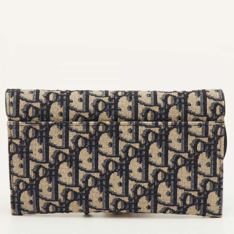 Pre Owned Dior Saddle Navy Blue Oblique Canvas and Leather Wallet On Chain