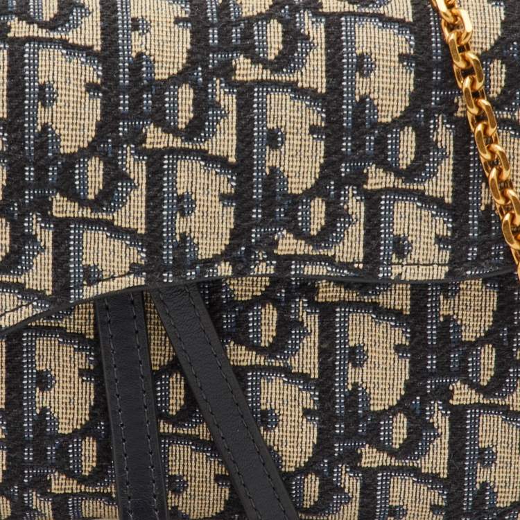 Pre Owned Dior Saddle Navy Blue Oblique Canvas and Leather Wallet On Chain