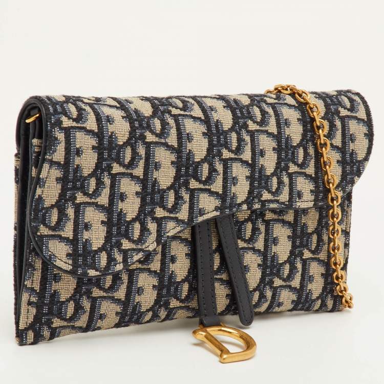 Pre Owned Dior Saddle Navy Blue Oblique Canvas and Leather Wallet On Chain