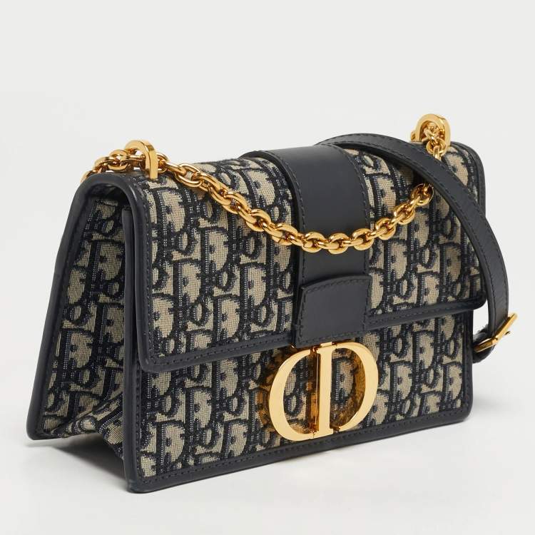 Pre Owned Dior 30 Montaigne Navy Blue Oblique Canvas and Leather Shoulder Bag