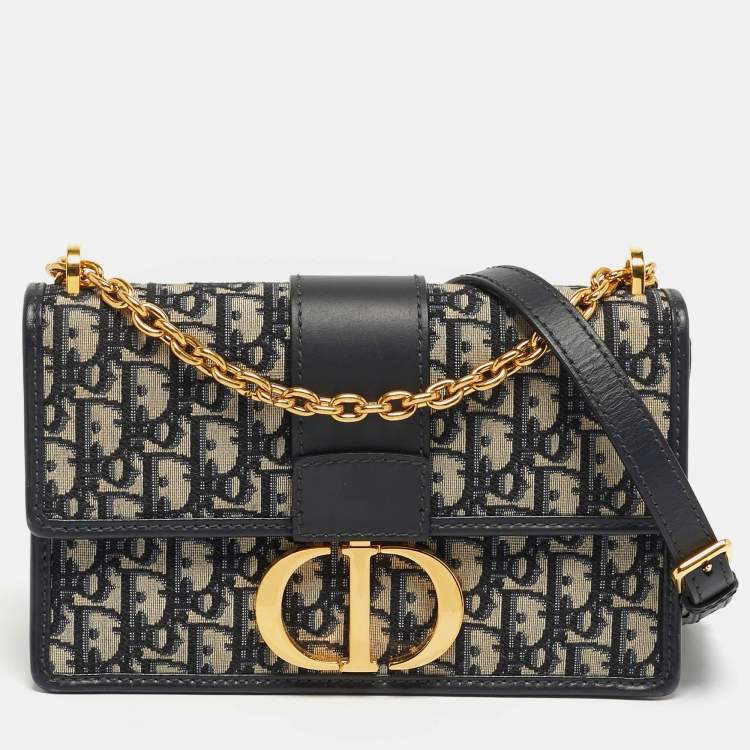 Pre Owned Dior 30 Montaigne Navy Blue Oblique Canvas and Leather Shoulder Bag