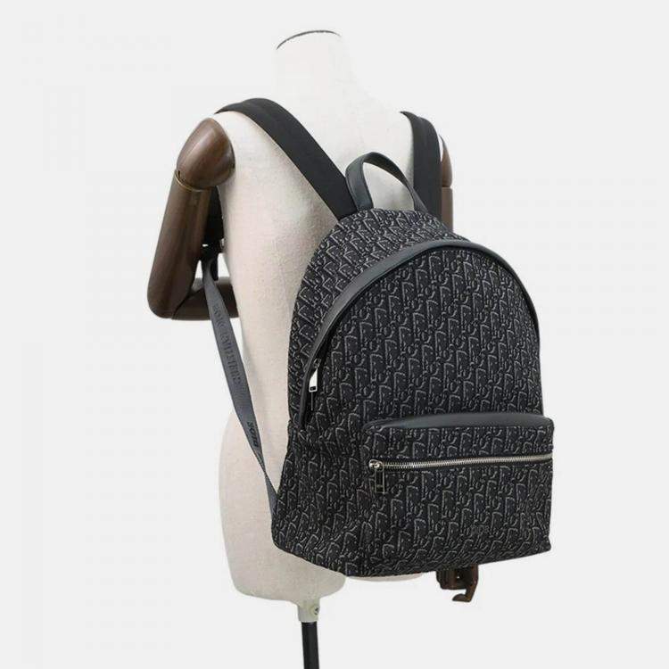 Pre Owned Dior Oblique Jacquard Rider Backpack Black Canvas Leather