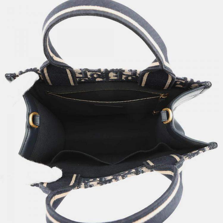 Pre Owned Dior Oblique Embroidery Book Tote Navy Canvas Calf Leather Size Small