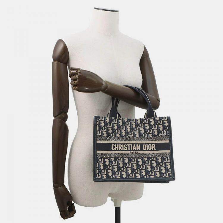 Pre Owned Dior Oblique Embroidery Book Tote Navy Canvas Calf Leather Size Small