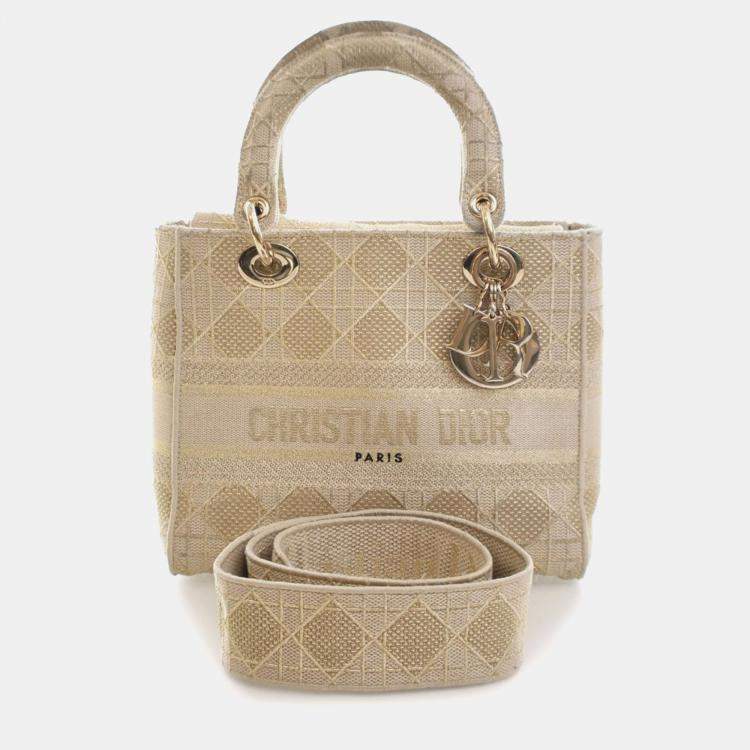 Pre Owned Dior Gold Medium Canvas Cannage Lady D Lite