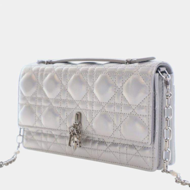 Pre Owned Dior Silver Mini Iridescent Metallic Lambskin Cannage My Dior Bag