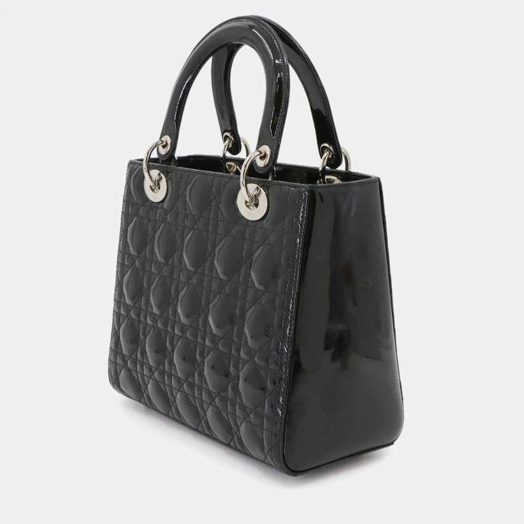 Pre Owned Christian Dior Cannage Lady Medium 2-Way Hand Shoulder Bag Black Enamel