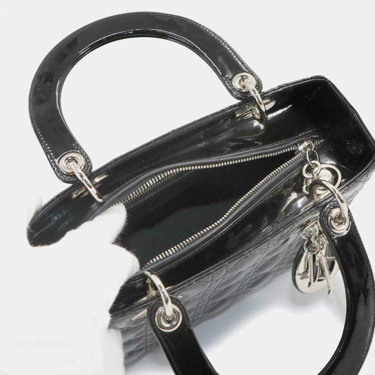 Pre Owned Christian Dior Cannage Lady Medium 2-Way Hand Shoulder Bag Black Enamel