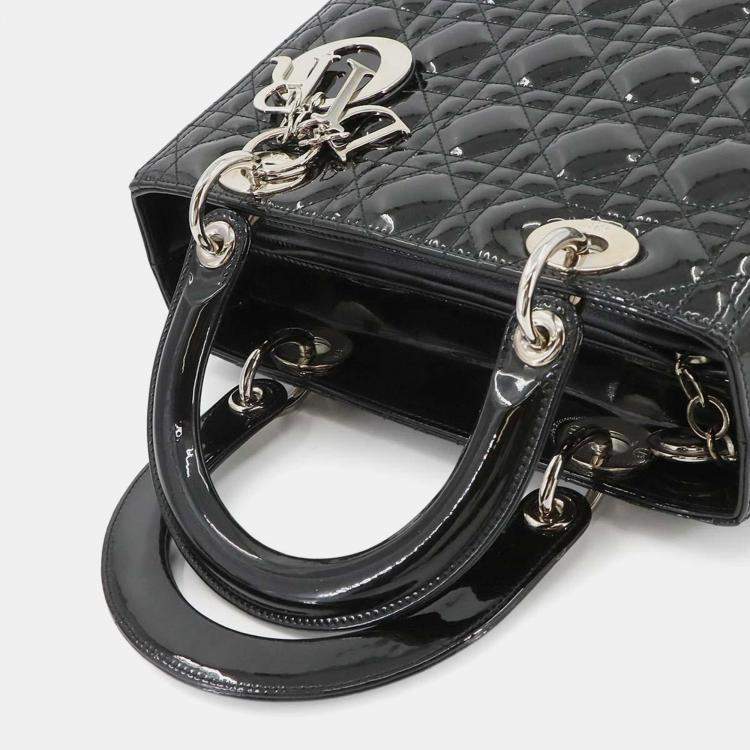Pre Owned Christian Dior Cannage Lady Medium 2-Way Hand Shoulder Bag Black Enamel