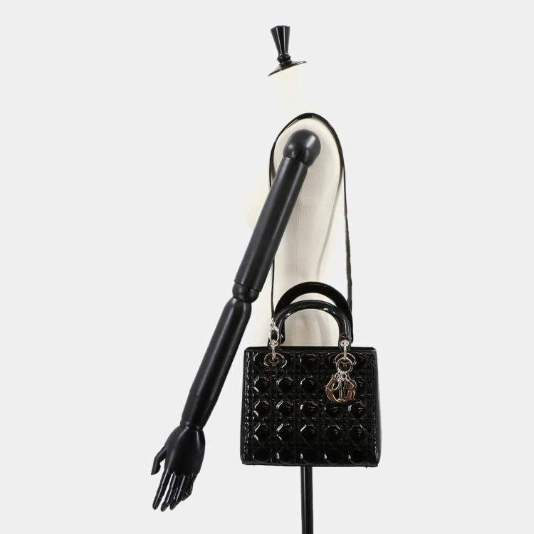 Pre Owned Christian Dior Cannage Lady Medium 2-Way Hand Shoulder Bag Black Enamel