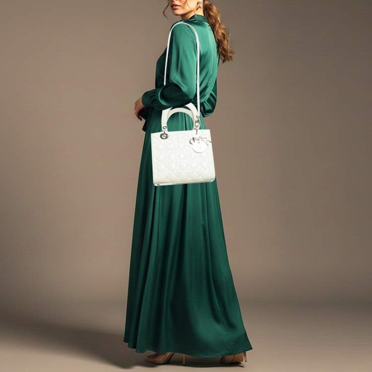 Pre Owned Dior Lady Dior Medium Off White Cannage Patent Leather Tote