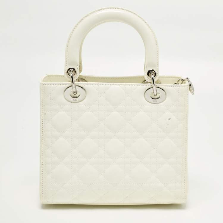 Pre Owned Dior Lady Dior Medium Off White Cannage Patent Leather Tote