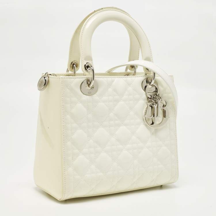 Pre Owned Dior Lady Dior Medium Off White Cannage Patent Leather Tote