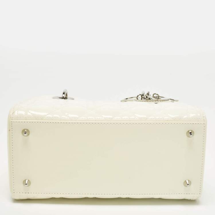 Pre Owned Dior Lady Dior Medium Off White Cannage Patent Leather Tote