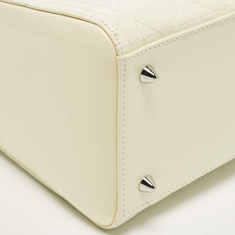 Pre Owned Dior Lady Dior Medium Off White Cannage Patent Leather Tote