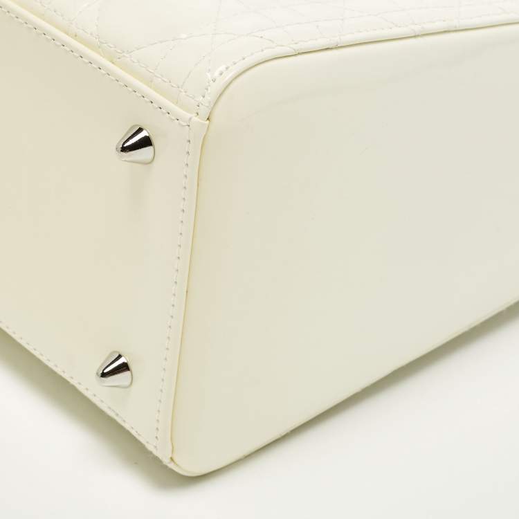 Pre Owned Dior Lady Dior Medium Off White Cannage Patent Leather Tote