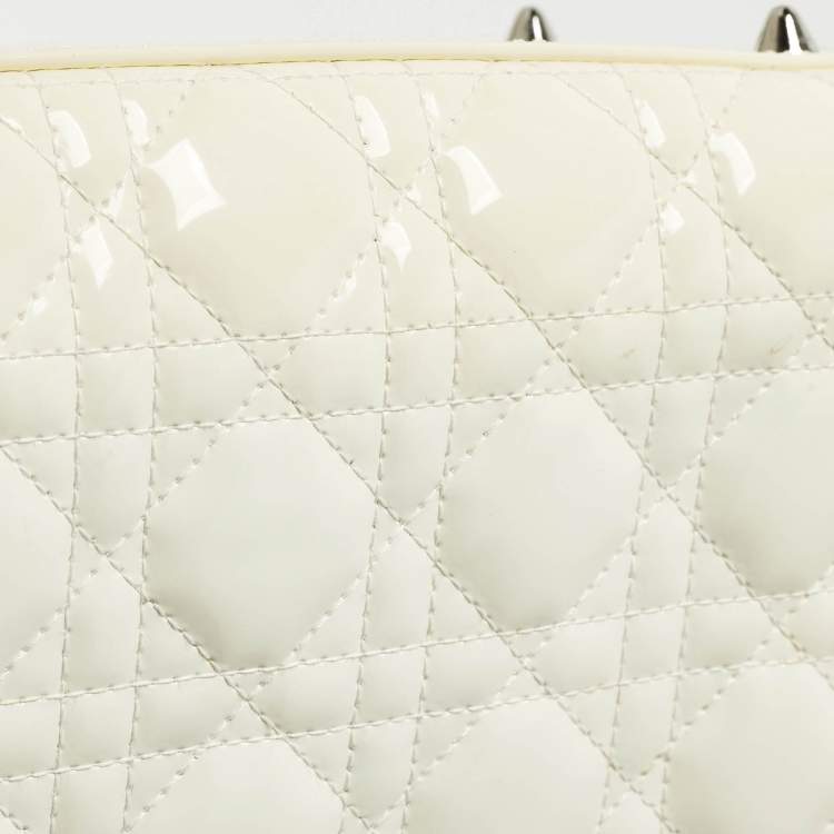 Pre Owned Dior Lady Dior Medium Off White Cannage Patent Leather Tote