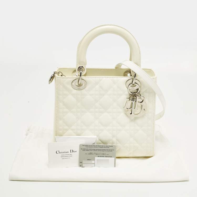 Pre Owned Dior Lady Dior Medium Off White Cannage Patent Leather Tote
