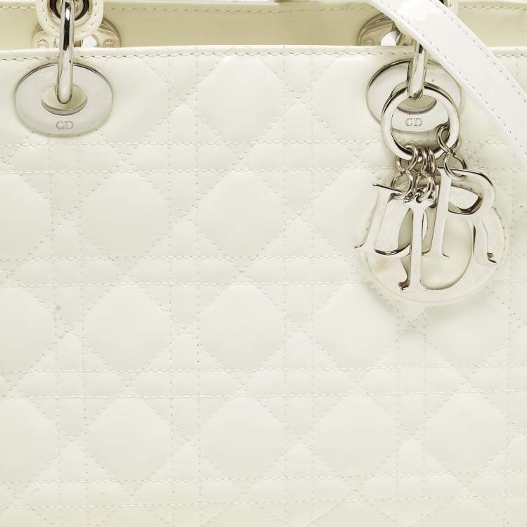Pre Owned Dior Lady Dior Medium Off White Cannage Patent Leather Tote