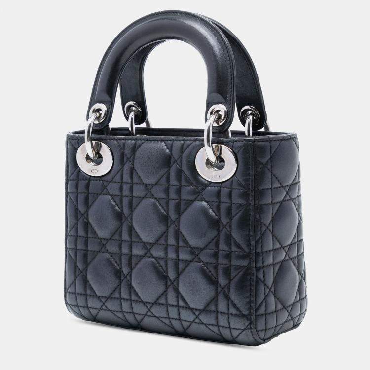 Pre Owned Dior Black Mini Iridescent Lambskin Cannage Lady Dior