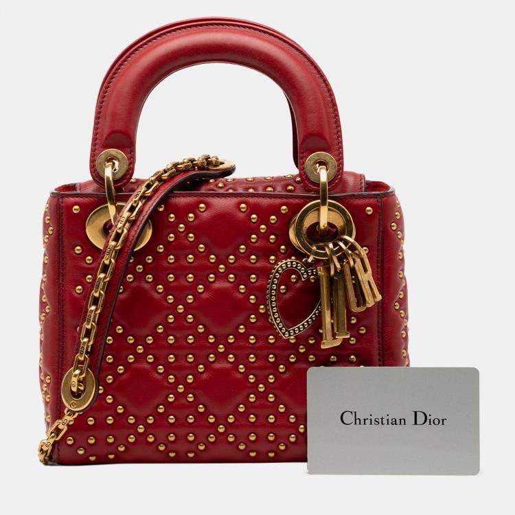 Pre Owned Dior Red Mini Lambskin Cannage Studded Supple Lady Dior