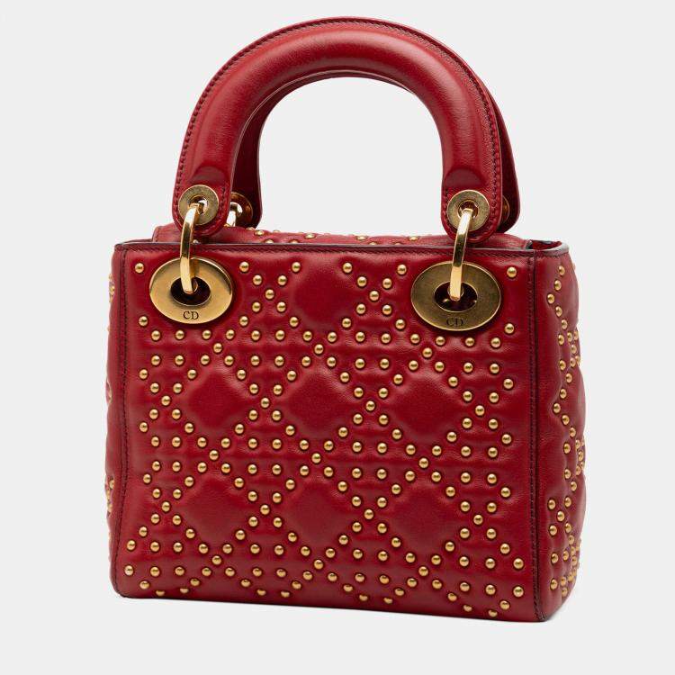 Pre Owned Dior Red Mini Lambskin Cannage Studded Supple Lady Dior