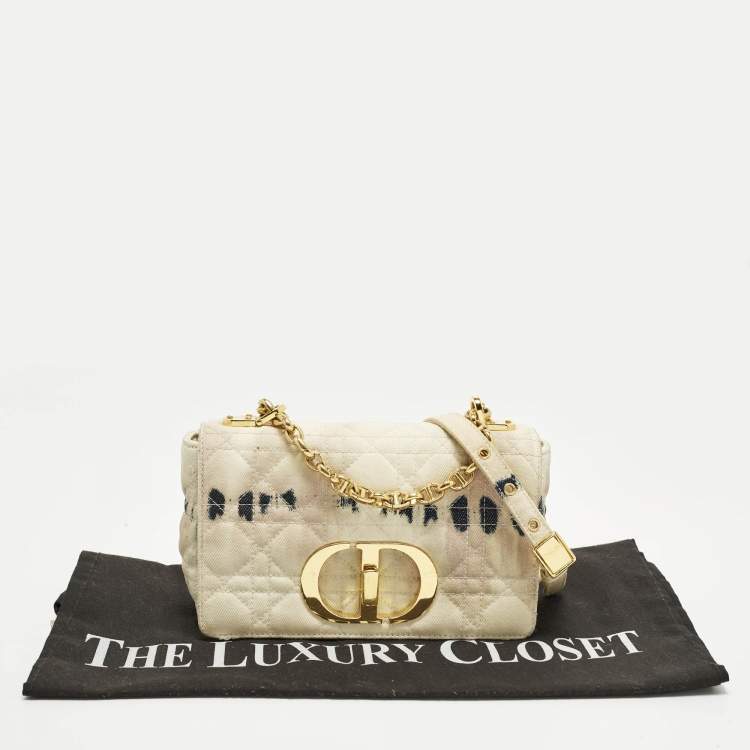 Pre Owned Dior Tie Caro Small Off White Cannage Denim Shoulder Bag