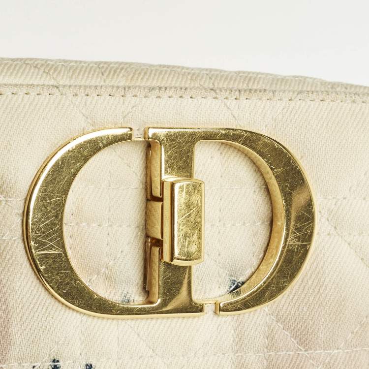 Pre Owned Dior Tie Caro Small Off White Cannage Denim Shoulder Bag