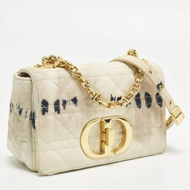Pre Owned Dior Tie Caro Small Off White Cannage Denim Shoulder Bag