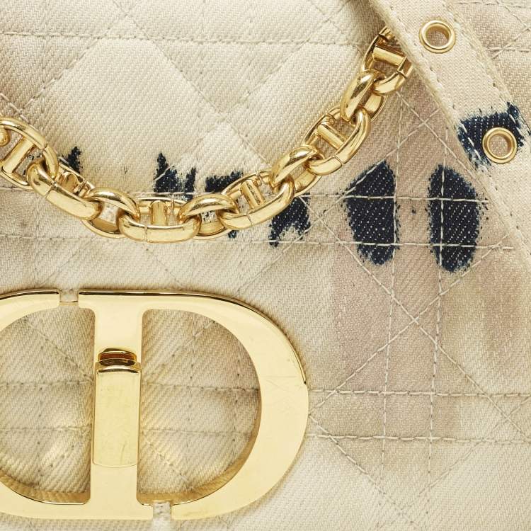 Pre Owned Dior Tie Caro Small Off White Cannage Denim Shoulder Bag