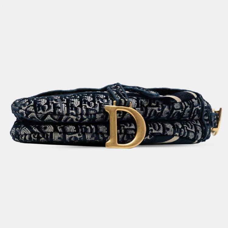 Pre Owned Dior Blue Oblique Embroidered Velvet Saddle Bag