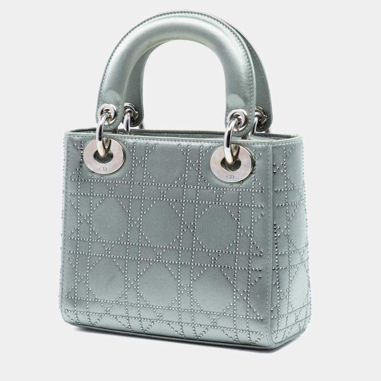 Pre Owned Dior Mini Grey Satin Cannage Strass Crystal Embellished Lady Dior