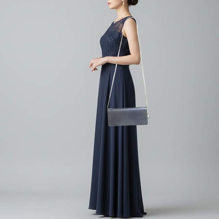 Pre Owned Dior Lady Dior Metallic Blue Microcannage Patent Leather Chain Clutch