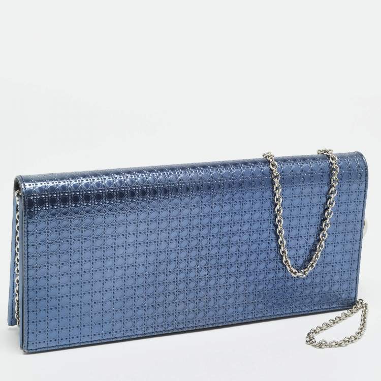 Pre Owned Dior Lady Dior Metallic Blue Microcannage Patent Leather Chain Clutch