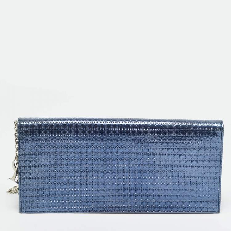 Pre Owned Dior Lady Dior Metallic Blue Microcannage Patent Leather Chain Clutch