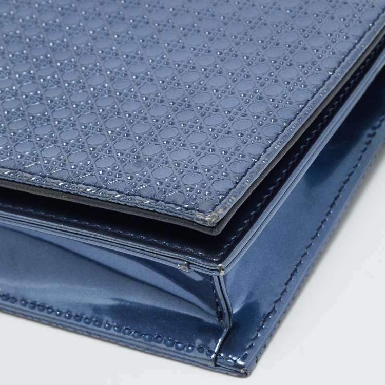 Pre Owned Dior Lady Dior Metallic Blue Microcannage Patent Leather Chain Clutch