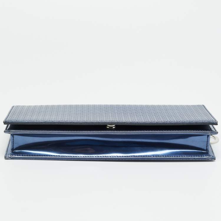 Pre Owned Dior Lady Dior Metallic Blue Microcannage Patent Leather Chain Clutch