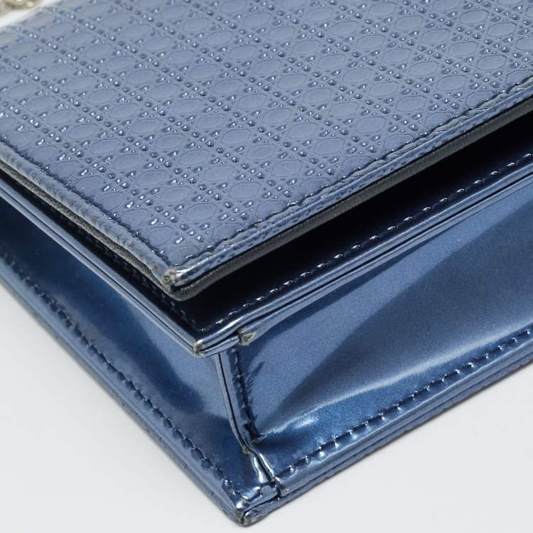 Pre Owned Dior Lady Dior Metallic Blue Microcannage Patent Leather Chain Clutch