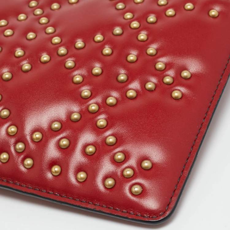 Pre Owned Dior Lady D Red Studded Cannage Leather Wallet On Chain