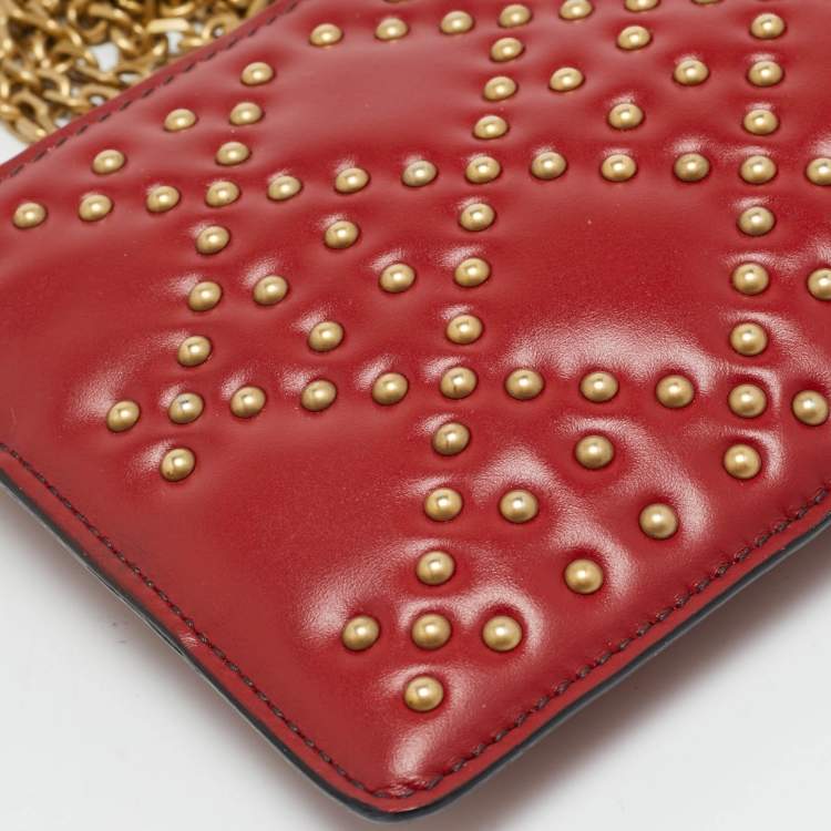 Pre Owned Dior Lady D Red Studded Cannage Leather Wallet On Chain