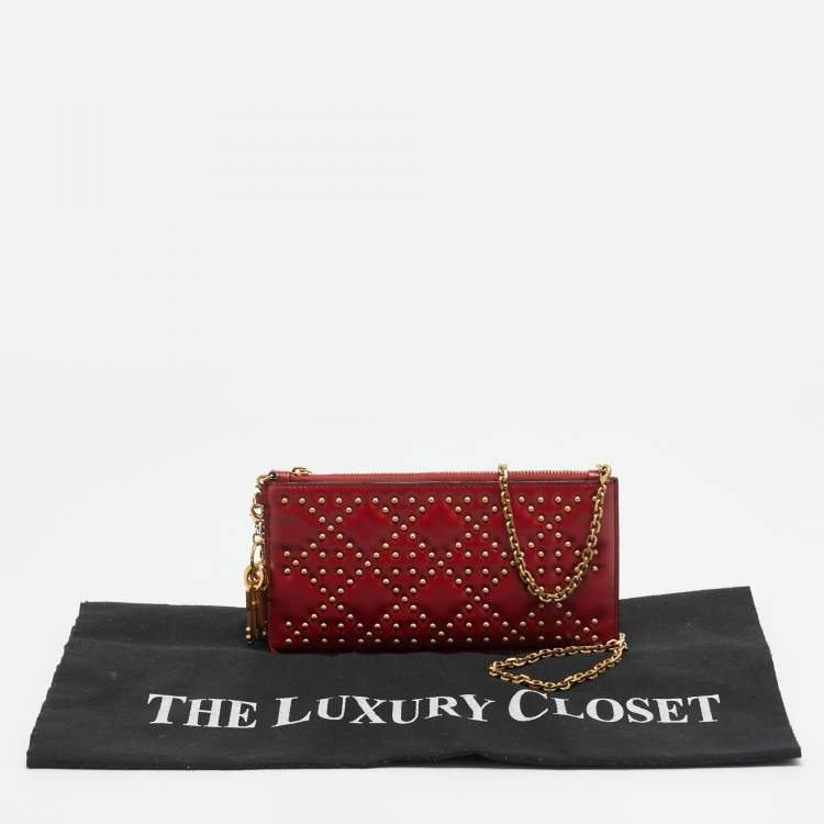 Pre Owned Dior Lady D Red Studded Cannage Leather Wallet On Chain