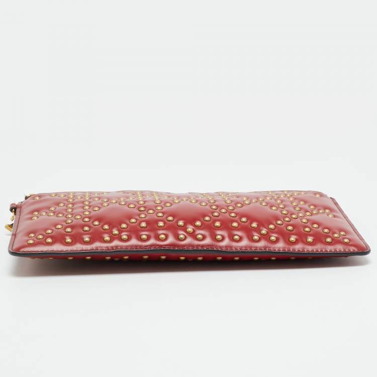 Pre Owned Dior Lady D Red Studded Cannage Leather Wallet On Chain
